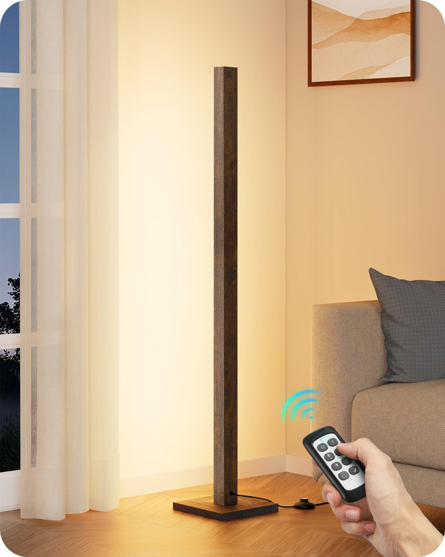 EDISHINE Wooden LED Corner Floor Lamp with Remote, Minimalist Dimmable Atmospher