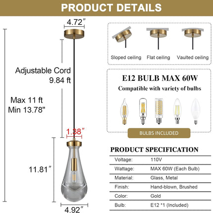 TACDANDM 4.92'' Gold Clear 1-Light Teardrop Glass Pendant Light
