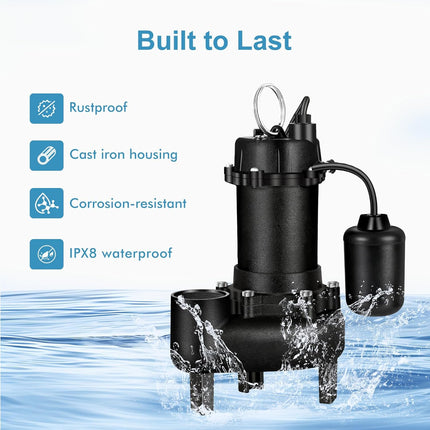 TONGCHANT 110V 1HP 5220GPH Cast Iron Submersible Sewage/Effluent Pump with Ajust