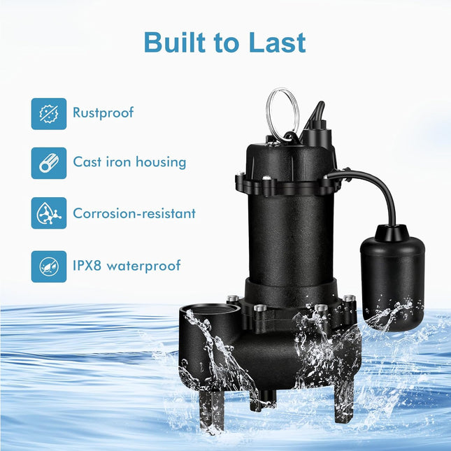 TONGCHANT 110V 1HP 5220GPH Cast Iron Submersible Sewage/Effluent Pump with Ajust