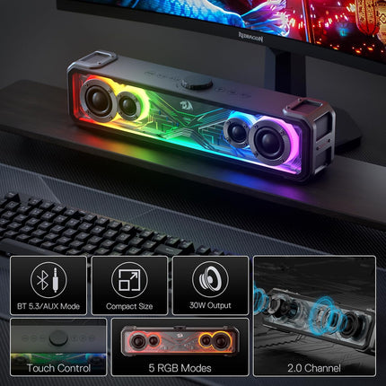 Redragon GS817 RGB Desktop Soundbar, 2.0 Channel Stereo Speakers for Desktop w/M