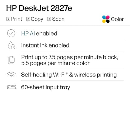 HP DeskJet 2827e Wireless All-in-One Color Printer, Instant Ink; Copier, Scanner