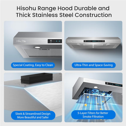 HisoHu 30 Inch Under Cabinet Range Hood with 1200-CFM, 4 Speed Gesture Sensing&T
