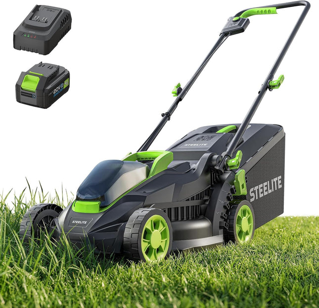 STEELITE 13 in 20V Cordless Electric Lawn Mower, Brushless with 5-Position Cutting Height & 4.0Ah Battery