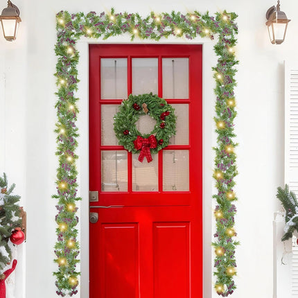 Christmas Garland with Light,Lighted Snowy Red Berries Holly Leaves Garland for