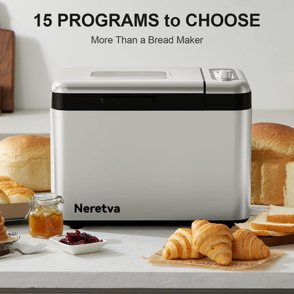Neretva Bread Maker, 3.3LB Larger Bread Machine 15-in-1 Stainless Steel & Nonsti