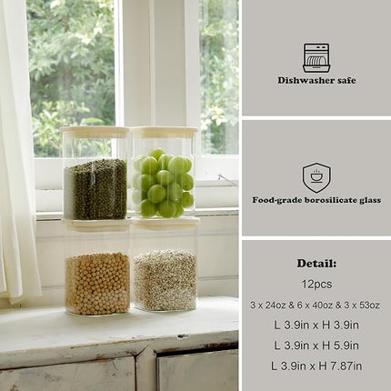 CozNido 12pcs Square Pantry Glass Jars with Clear Airtight Lids Kitchen Canister