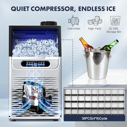 100LBS/24H Commercial Ice Maker Machine, Dual Water Inlet Undercounter or Freest