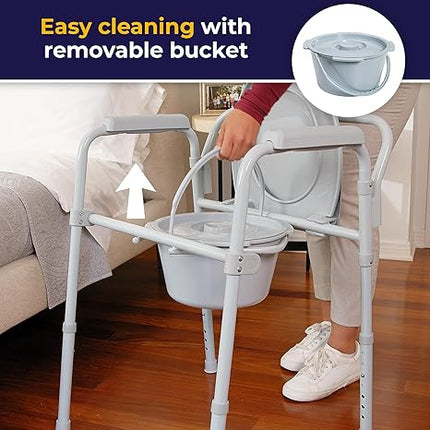 Drive Medical 11148-1 Folding Steel Bedside Commode Chair, Portable Toilet, Supp