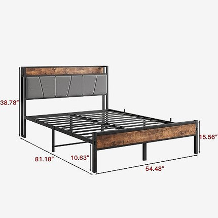 BOFENG Full Size Bed Frame with Upholstered Storage Headboard,USB Charging Stati