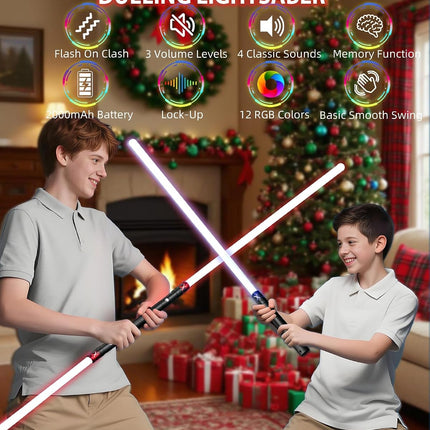 Dueling Lightsaber with 58 cm Blade, 12 RGB Colors, 2-in-1 Light Sabers with Realistic Sound Effects & Aluminum Hilt