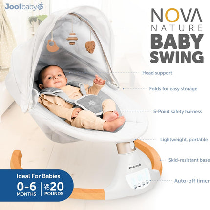 Jool Baby Nova Nature Baby Swing for Newborns with Natural Wood Toys, Electric M