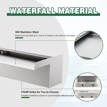 Waterfall Pool Fountain LONGRUNNEW 304 Stainless Steel 35.4" Rectangular Waterfa
