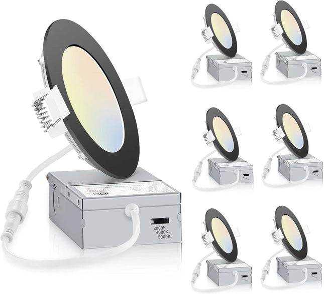 INCARLED 4Inch 3CCT Black Pot Lights, 3000K 4000K 5000k Potlights, 6Pack LED Rec
