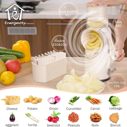 ENERGEVITY Manual Rotary Cheese Grater with Handle, 5 in 1 Replaceable Stainless