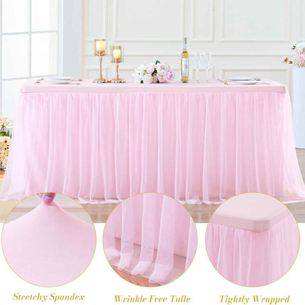 2 Pack Pink Table Cloth for 6 Foot Rectangle Tables, Pink Tulle Table Skirt Stre