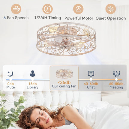 LEDIARY 23 Inch Caged Ceiling Fans with Lights, White Flush Mount Ceiling Fan wi