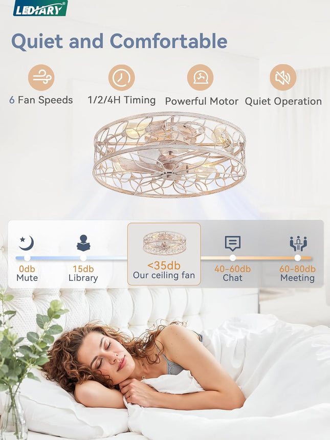 LEDIARY 23 Inch Caged Ceiling Fans with Lights, White Flush Mount Ceiling Fan wi