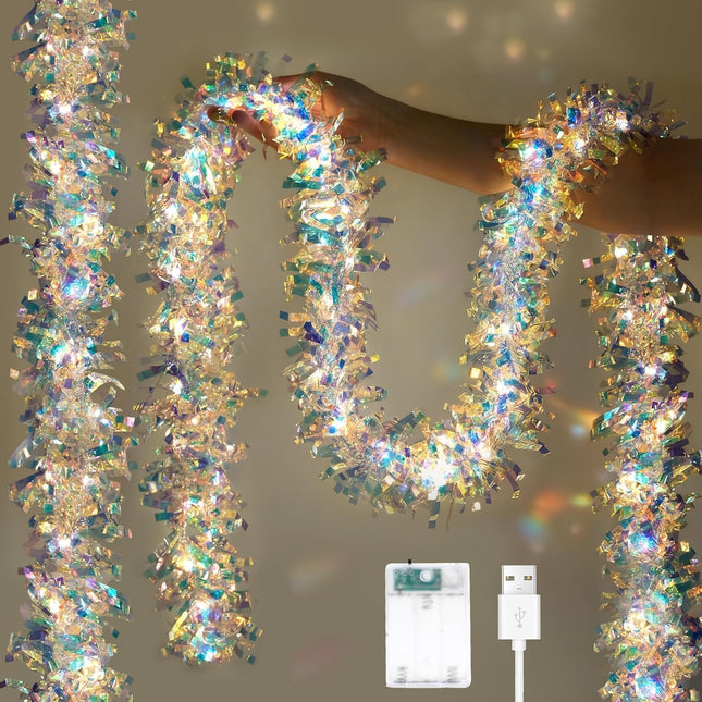Christmas Tinsel Garland with Lights Iridescent Metallic Foil Garland 16.4FT USB