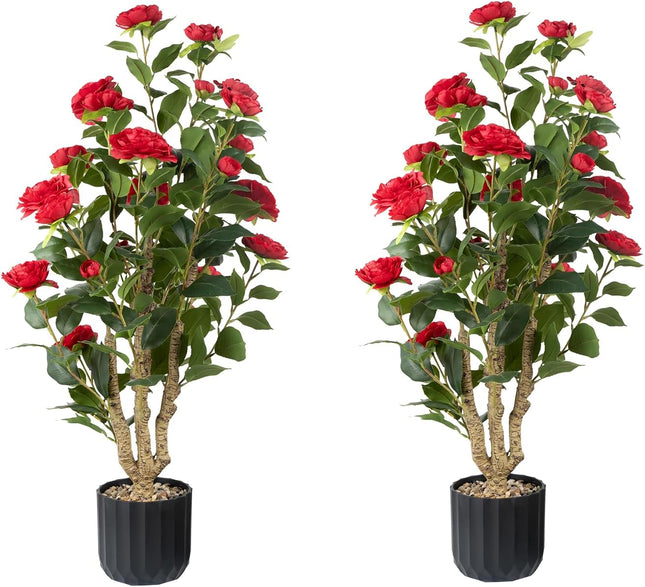 Howngyesimu 38' Artificial Camellia Tree - 2 Packs, Faux Camellia Plant in Pebbl