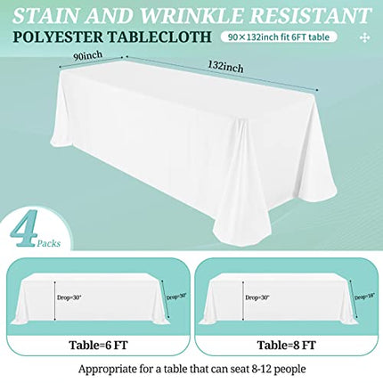 REWOMC 8 Pack White Tablecloths for 8ft Rectangle Tables 90 x 132 Inch - Polyest
