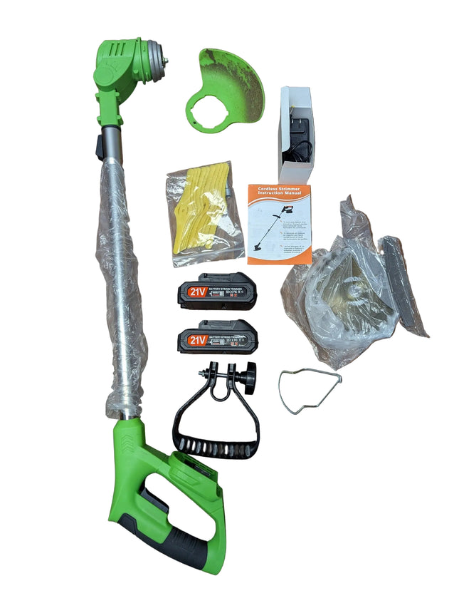 Cordless Weed Wacker 21V with 2 x 2.0Ah Batteries & 4 Blade Types, Stringless Electric Grass Trimmer, Green