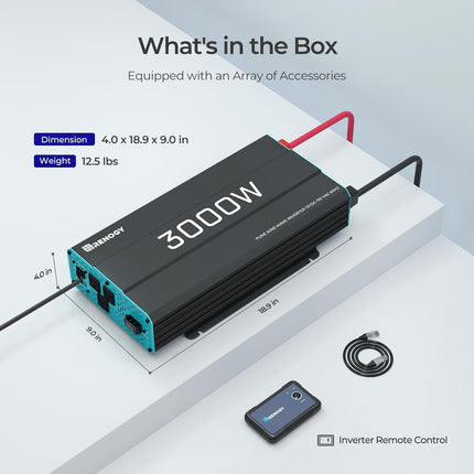 Renogy 3000W Pure Sine Wave Inverter 12V DC to 120V AC Converter for Home, RV, T