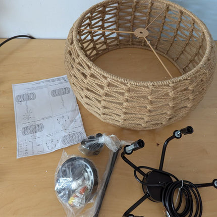 19" Rattan Chandelier, 5‑Light Boho Chandelier Light Fixture with Hand-Woven Wic