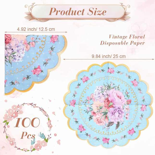 Dandat 100 Pcs Floral Tea Party Napkins 3 Ply Disposable Vintage Flower Guest Na