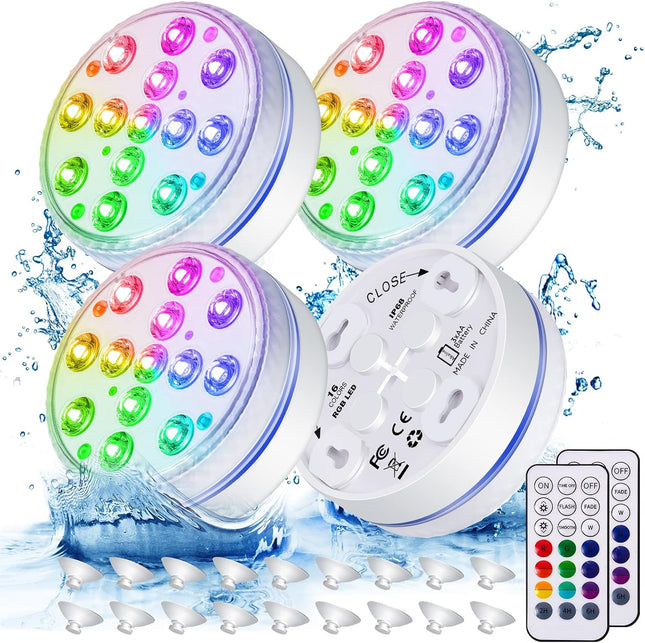 Syxiaola Pool Lights - Submersible LED Lights with Magnet and Suction Cups, 16 C