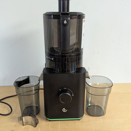 Actual unit: AMZCHEF cold press juicer with juicing bowl, food pusher, juice cup and pulp cup