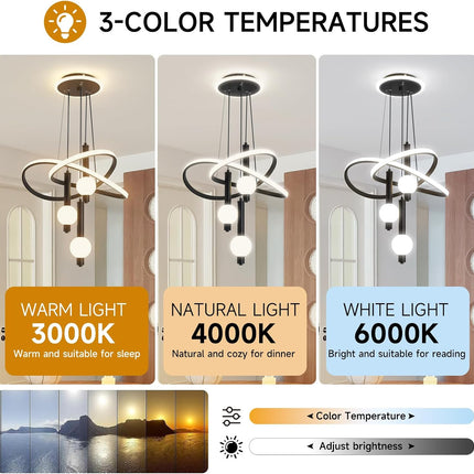 Becailyer modern LED ring chandelier in warm, natural and cool light — product image