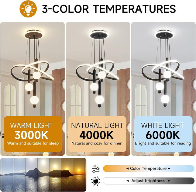 Becailyer modern LED ring chandelier in warm, natural and cool light — product image