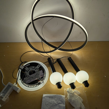 Actual unit: Becailyer LED chandelier rings lit, with globes, canopy, gloves and manuals