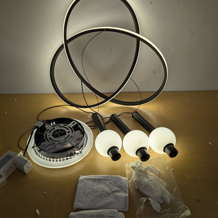 Actual unit: Becailyer LED chandelier rings lit, with globes, canopy, gloves and manuals