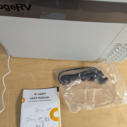 Actual unit: BougeRV fridge with power cords and user manual