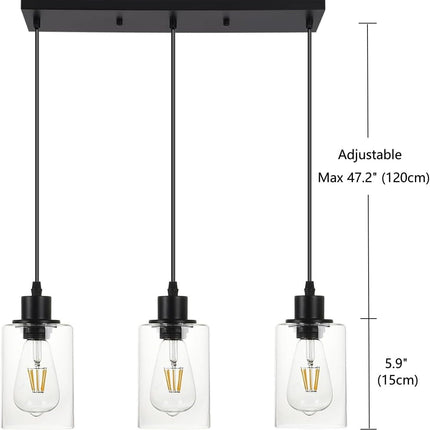 CADELON 3-light pendant light, black with clear glass