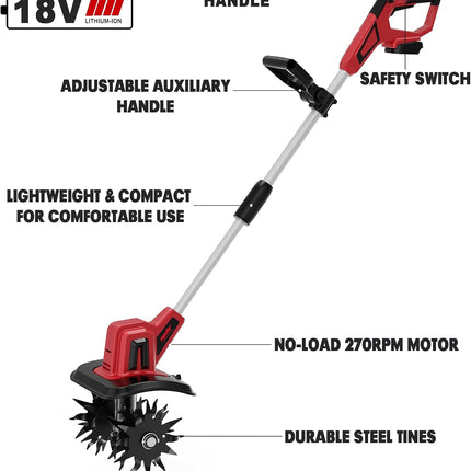 Mellif 18V cordless tiller cultivator, 48 steel tines, for Milwaukee 18V batteries — product image