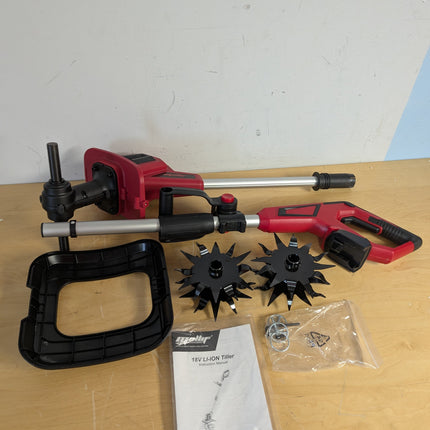 Actual unit: Mellif 18V tiller parts as shipped — shafts, handle, guard, tines, pins, manual