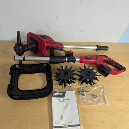 Actual unit: Mellif 18V tiller parts as shipped — shafts, handle, guard, tines, pins, manual