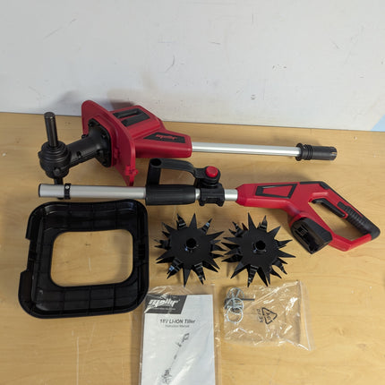 Actual unit: Mellif 18V tiller parts as shipped — shafts, handle, guard, tines, pins, manual