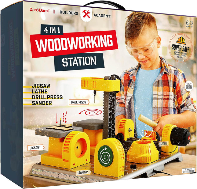 Dan&Darci 4-in-1 woodworking station for kids, jigsaw, lathe, drill press and sander