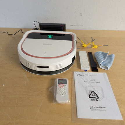 Actual unit: Dibea D500 Pro robot vacuum with dock, remote, side brushes, spare filter and mop cloth