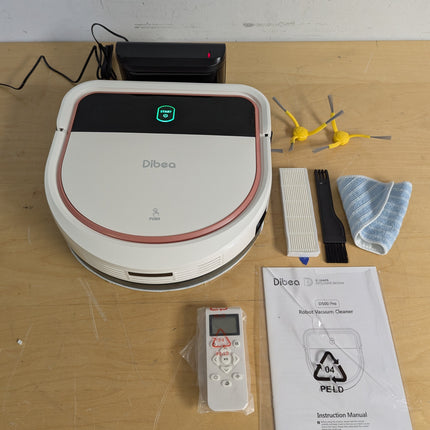 Actual unit: Dibea D500 Pro robot vacuum with dock, remote, side brushes, spare filter and mop cloth