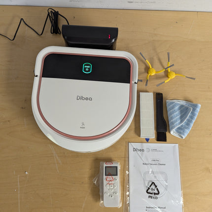 Actual unit: Dibea D500 Pro robot vacuum with dock, remote, side brushes, spare filter and mop cloth