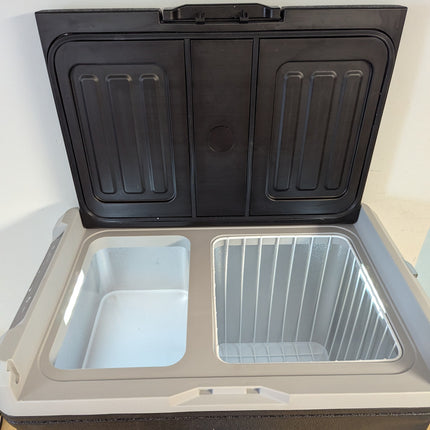 Actual unit: EUHOMY fridge lid open showing both zones