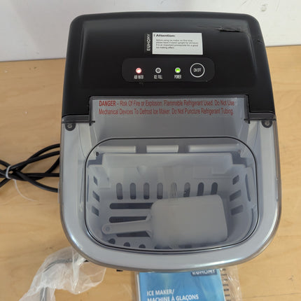 EUHOMY ice maker control panel with Add Water, Ice Full and Power lights, basket and scoop inside