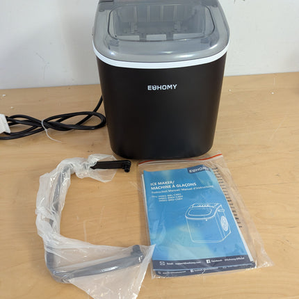 EUHOMY countertop ice maker front view with handle and instruction manual