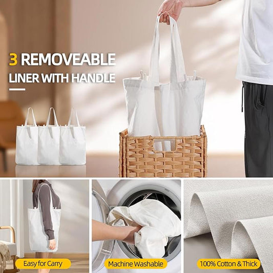 214 L Wicker Laundry Hamper with Lid 3 Section, Extra Large HandWoven Synthetic Rattan Wicker Laundry Basket with Removable Liner Bags for Bedroom Bathroom, Dirty Clothes Hampers Sorter Foldable