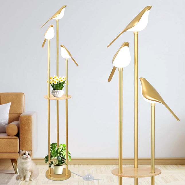 Gold floor lamp with shelf and 3 LED bird lights